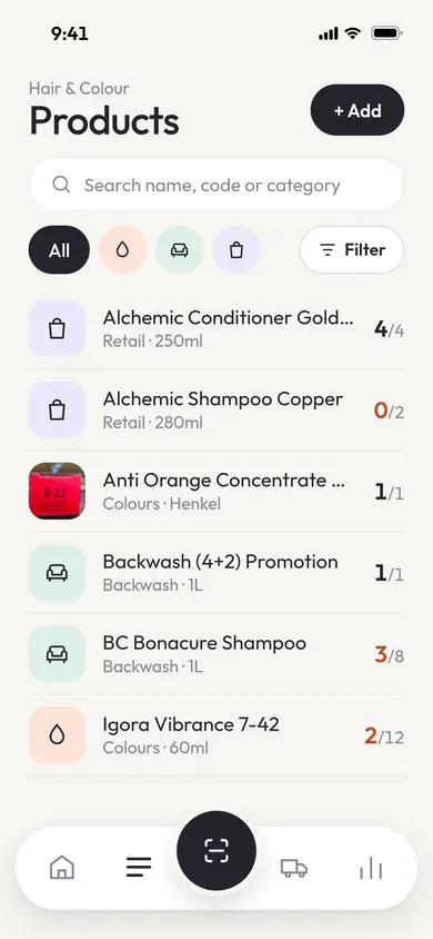 StockTend product list with search, category filters for colours, backwash and retail, and the stock count for each product