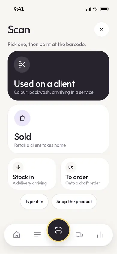 StockTend scan screen: choose used on a client, sold, stock in or to order, then scan the barcode